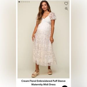 Cream floral embroidered puff sleeve midi maternity
